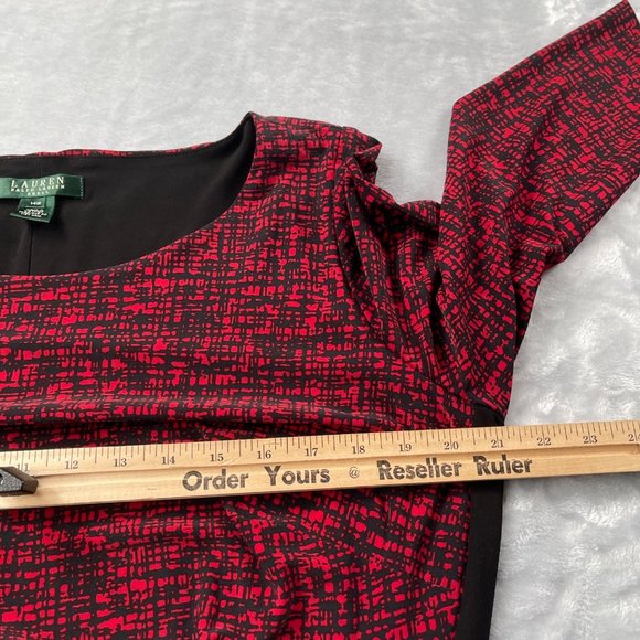 Lauren Ralph Lauren Dress 14W Red Black Print Jersey Ruched Gathered Slimming - Picture 7 of 14